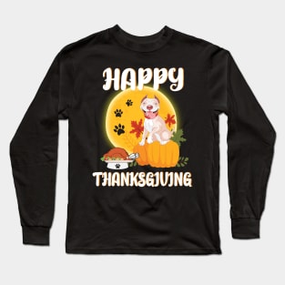 Pitbull Seeing Turkey Dish Happy Halloween Thanksgiving Merry Christmas Day Long Sleeve T-Shirt